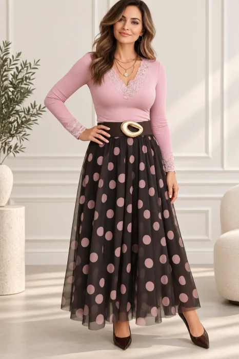 Fusta lunga din tulle cu buline decorative si captuseala, maro cu roz