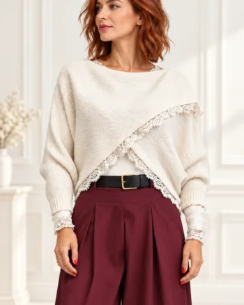 Pulover tip poncho petrecut asimetric, cu lana si dantela, alb ivory