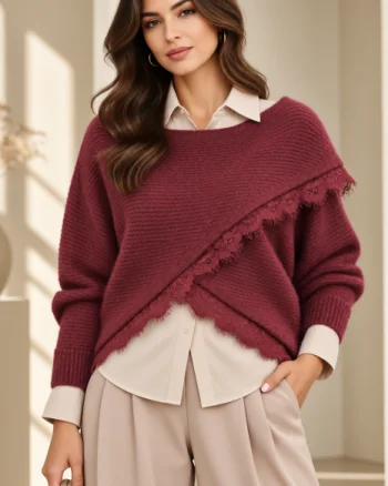 Pulover tip poncho petrecut asimetric, cu lana si dantela, bordo