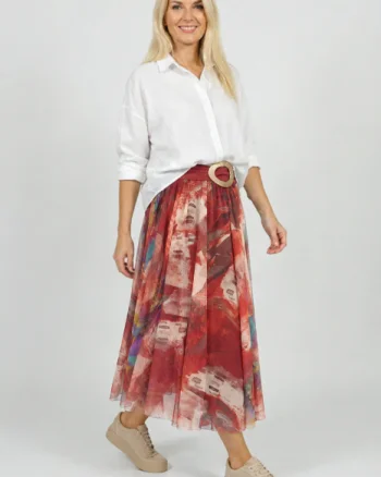 Fusta clos din tulle cu imprimeu pictural multicolor pe fond caramiziu