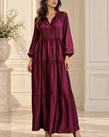 Rochie maxi satinata din matase si vascoza cu volane si croi amplu, bordo