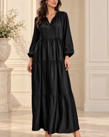 Rochie maxi satinata din matase si vascoza cu volane si croi amplu, neagra