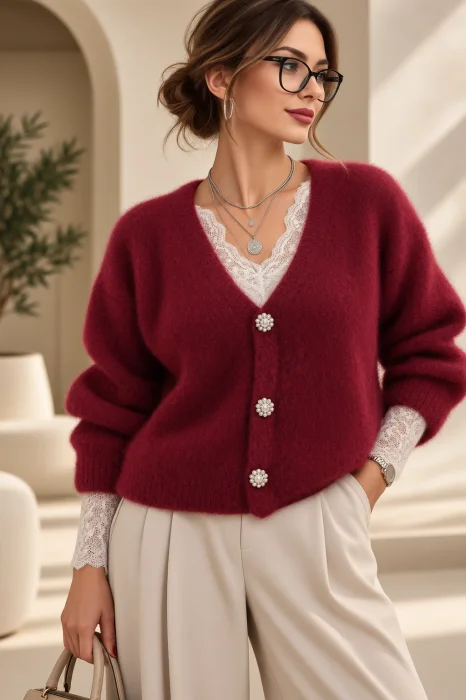 Cardigan dama cu lana si mohair, cu nasturi decorativi ,   pulover casual chic bordo