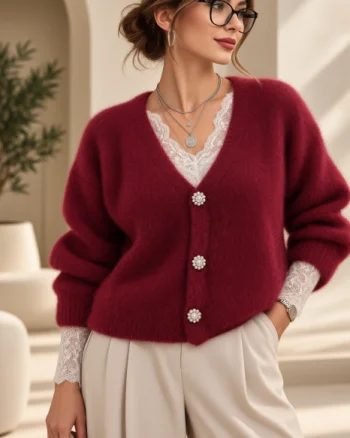 Cardigan dama cu lana si mohair, cu nasturi decorativi ,   pulover casual chic bordo