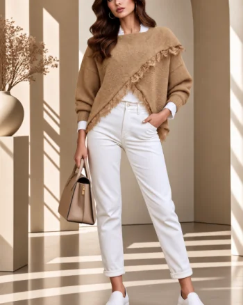 Pulover tip poncho petrecut asimetric, cu lana si dantela, camel