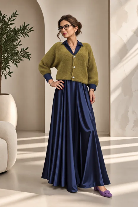 Cardigan dama cu lana si mohair, cu nasturi decorativi ,   pulover casual chic verde oliv