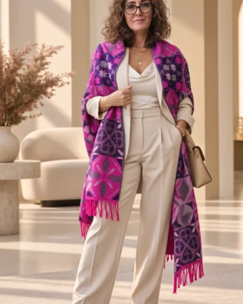 Esarfa premium din lana si vascoza cu imprimeu oriental floral cu fucsia, mov si bej