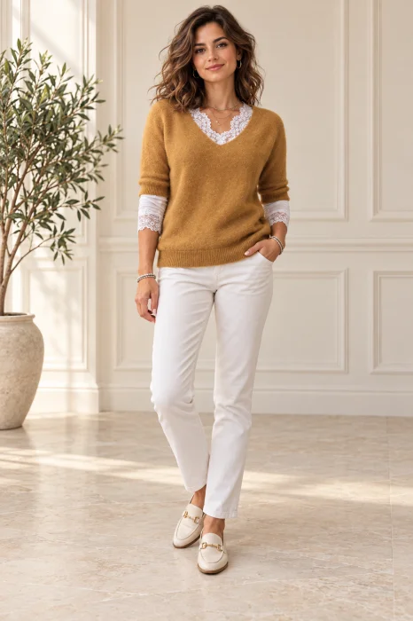 Pulover dama cu maneca scurta raglan si decolteu in V, mustar