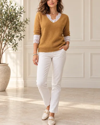 Pulover dama cu maneca scurta raglan si decolteu in V, mustar