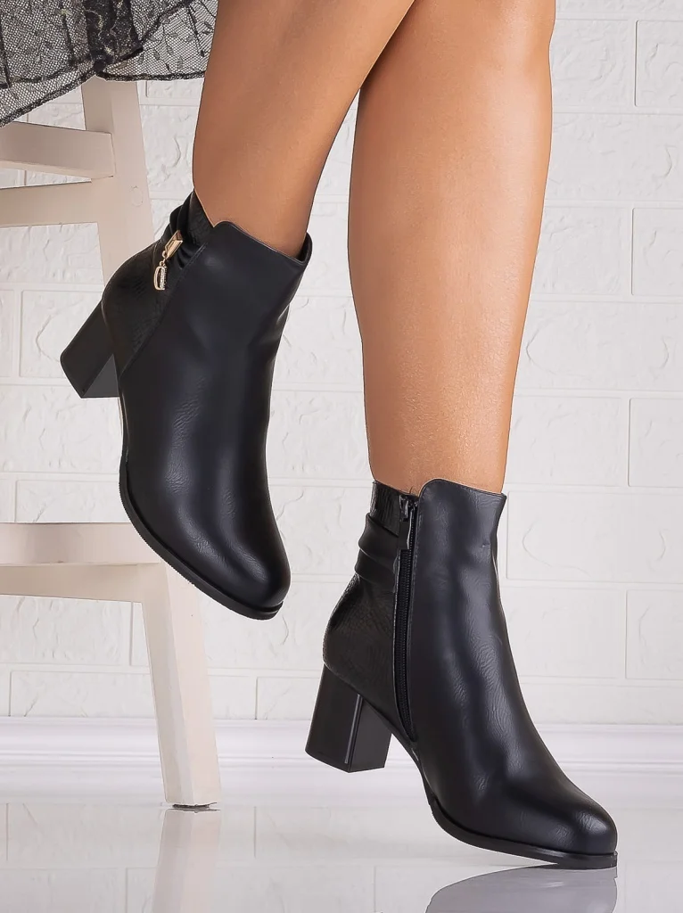 Botine Dama Imblanite cu toc Negre din Piele Ecologica Evelia