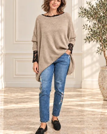 Pulover asimetric, oversize cu maneca cazuta, bej