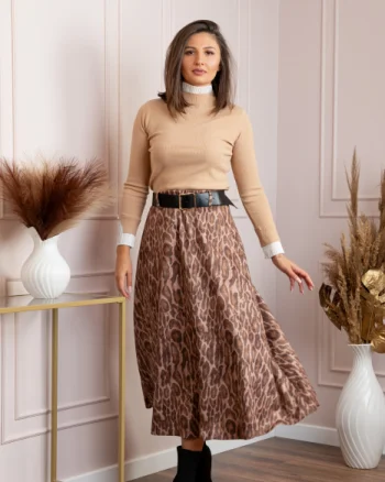 Fusta lunga bej din piele intoarsa ecologica animal print Jane