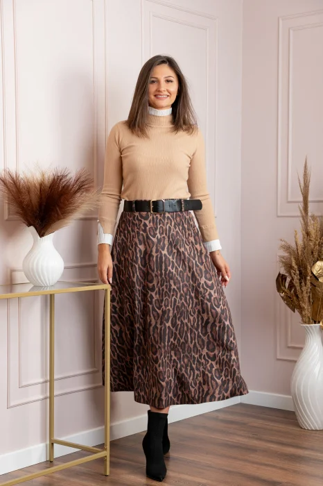 Fusta lunga maro din piele intoarsa ecologica animal print Jane