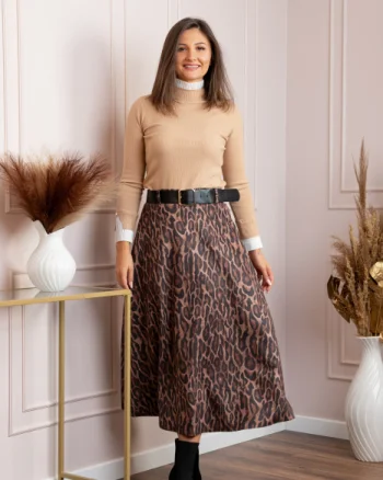 Fusta lunga maro din piele intoarsa ecologica animal print Jane