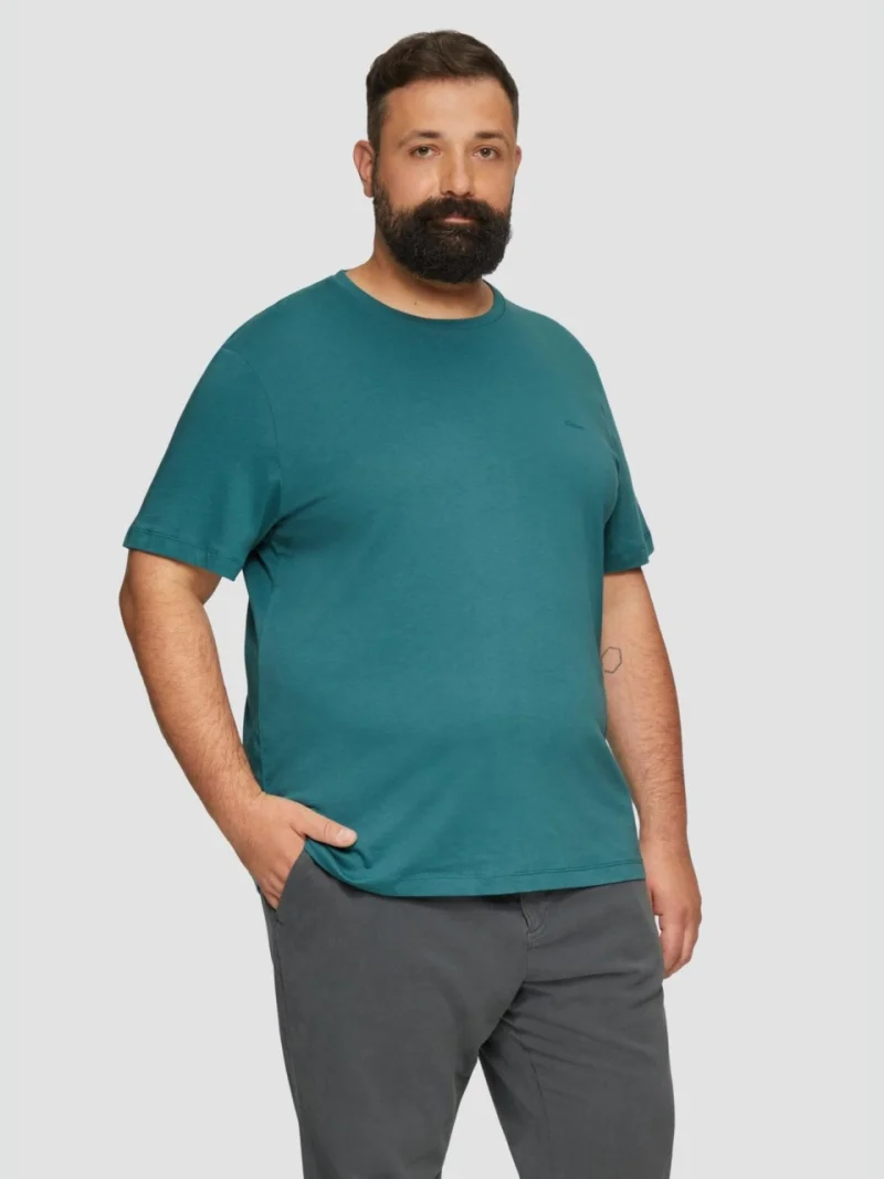 Tricou bărbați big size cu decolteu la baza gâtului și logo, din bumbac, Verde petrol (SELECTATI MARIMEA: 2XL)
