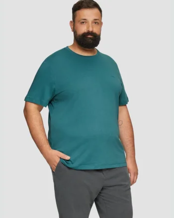 Tricou bărbați big size cu decolteu la baza gâtului și logo, din bumbac, Verde petrol (SELECTATI MARIMEA: 2XL)