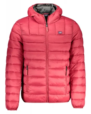 Jacheta matlasta barbati, cu 2 buzunare exterioare, gluga, logo, rosu (SELECTATI MARIMEA: 2XL)