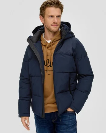 Geaca matlasata barbati, cu gluga si croiala Regular fit, Bleumarin (SELECTATI MARIMEA: 2XL)