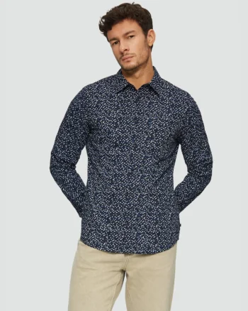 Camasa barbati cu maneca lunga, imprimeu cu picatele si croiala Slim fit, Bleumarin (SELECTATI MARIMEA: S)