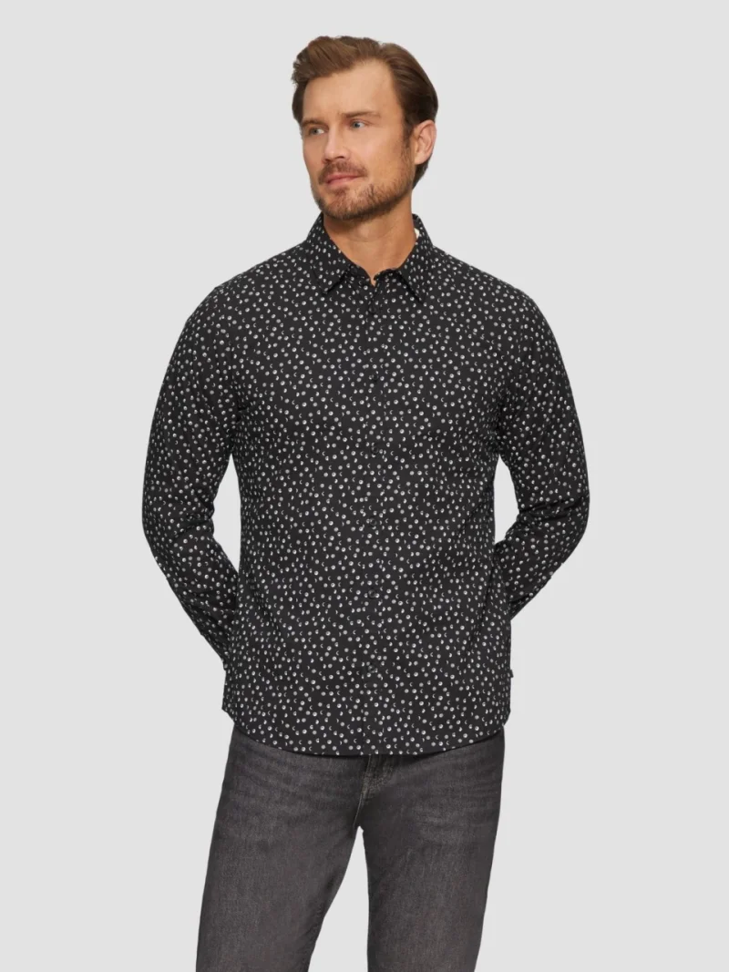 s.Oliver Camasa barbati cu maneca lunga, croiala Slim fit si imprimeu cu fazele luni, Negru (SELECTATI MARIMEA: 2XL)