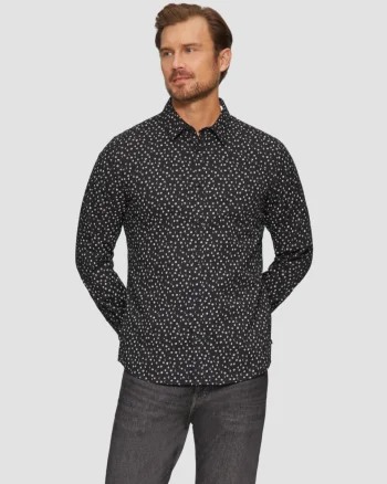 s.Oliver Camasa barbati cu maneca lunga, croiala Slim fit si imprimeu cu fazele luni, Negru (SELECTATI MARIMEA: 2XL)