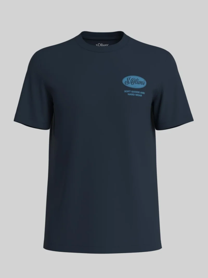 s.Oliver Big Sizes Tricou barbati big sizes cu decolteu la baza gatului si imprimeu cu logo, Bleumarin (SELECTATI MARIMEA: 2XL)