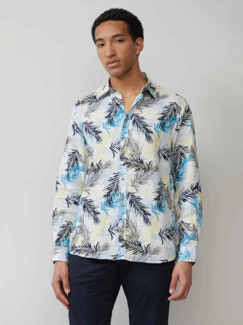 s.Oliver BLACK LABEL Camasa barbati din in cu imprimeu floral si croiala Regular Fit, Alb (SELECTATI MARIMEA: M)