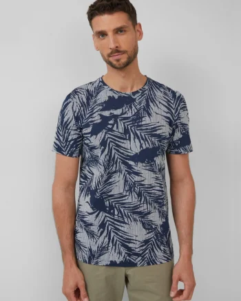 s.Oliver Tricou barbati cu imprimeu cu frunze de palmier, Regular Fit, Bleumarin (SELECTATI MARIMEA: M)