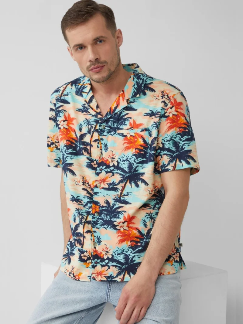s.Oliver Camasa barbati cu maneca scurta si imprimeu tropical, Regular fit, Multicolor (SELECTATI MARIMEA: S)