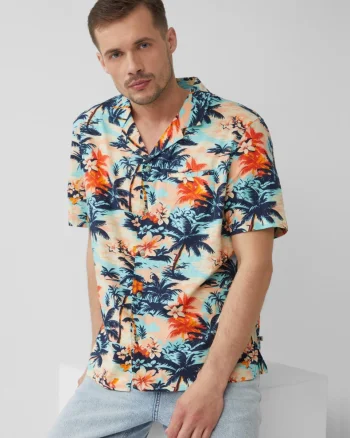 s.Oliver Camasa barbati cu maneca scurta si imprimeu tropical, Regular fit, Multicolor (SELECTATI MARIMEA: S)