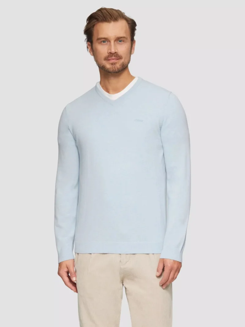 s.Oliver Pulover tricotat barbati cu achior si logo brodat, Albastru deschis (SELECTATI MARIMEA: 3XL)