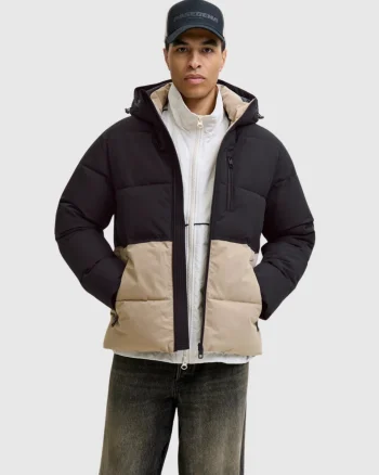 Jack & Jones Jacheta, JJEOWEN PUFFER, barbati, Regular fit, Negru/Crem (SELECTATI MARIMEA: 2XL)