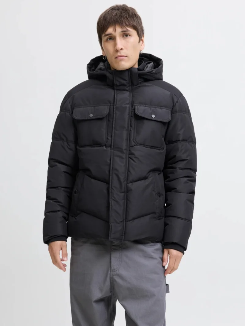 Jack & Jones Geaca barbati, MORGAN PUFFER, cu gluga detasabila, Negru (SELECTATI MARIMEA: 2XL)