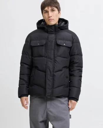 Jack & Jones Geaca barbati, MORGAN PUFFER, cu gluga detasabila, Negru (SELECTATI MARIMEA: 2XL)
