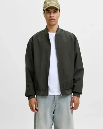 Jack & Jones, Jacheta bomber, barbati, cu buzunare oblice fara fermoar, Verde inchis (SELECTATI MARIMEA: S)