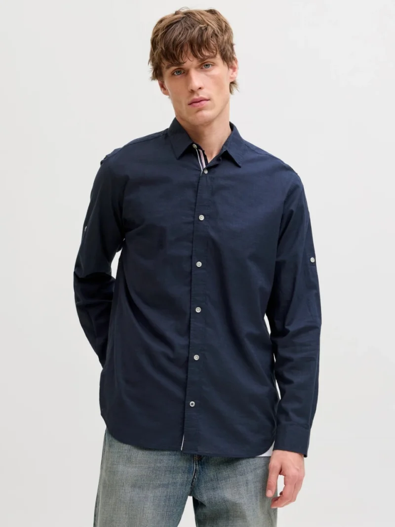 Jack & Jones Camasa barbati, Regular fit, Henry, din bumbac, Bleumarin inchis (SELECTATI MARIMEA: M)
