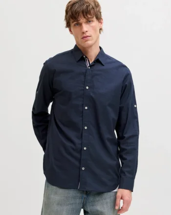 Jack & Jones Camasa barbati, Regular fit, Henry, din bumbac, Bleumarin inchis (SELECTATI MARIMEA: M)
