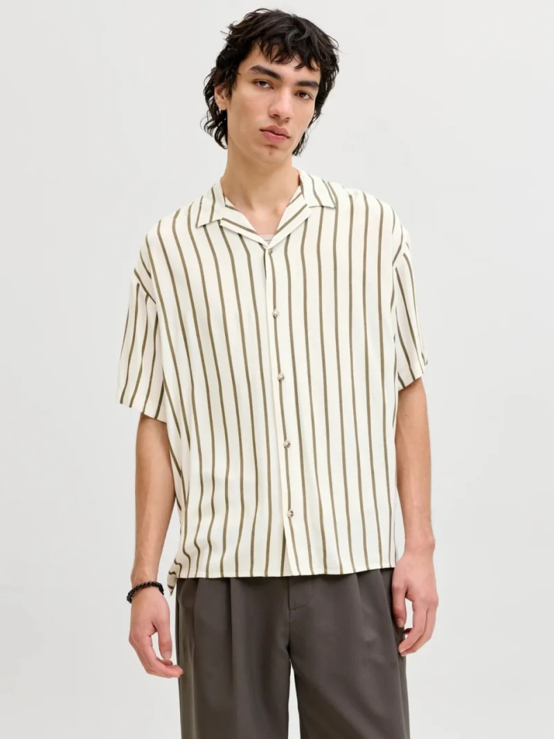 Jack & Jones Camasa cu maneca scurta barbati, Regular Fit, cu imprimeu in dungi, Bej (SELECTATI MARIMEA: 2XL)