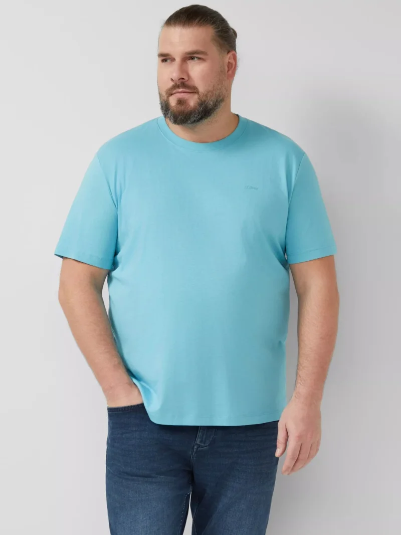 s.Oliver Big Sizes Tricou barbati big sizes, din bumbac, cu decolteu la baza gatului, Turcoaz deschis (SELECTATI MARIMEA: 2XL)