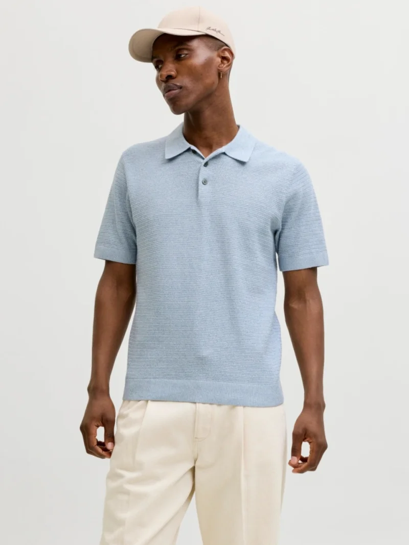 Jack & Jones, Tricou polo barbati cu aspect tricotat, Regular fit, Albastru pastel (SELECTATI MARIMEA: M)
