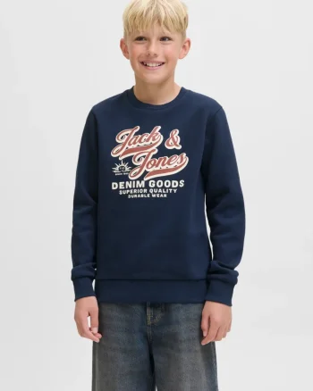 Jack & Jones Bluza baieti, Regular fit, cu imprimeu text si decolteu la baza gatului, Bleumarin inchis (SELECTATI MARIMEA: 128 cm)