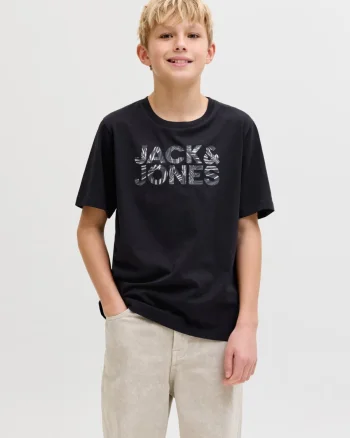 Jack & Jones Tricou cu decolteu la baza gatului, baieti, imprimeu cu logo, Regular fit, Negru (SELECTATI MARIMEA: 128 cm)