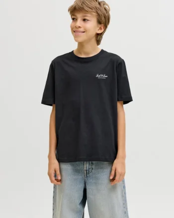 Jack & Jones Tricou din bumbac, baieti, cu decolteu la baza gatului, Negru (SELECTATI MARIMEA: 128 cm)