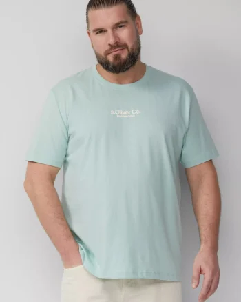 s.Oliver Big Sizes Tricou barbati big sizes cu decolteu la baza gatului, logo contrast, Verde menta (SELECTATI MARIMEA: 2XL)