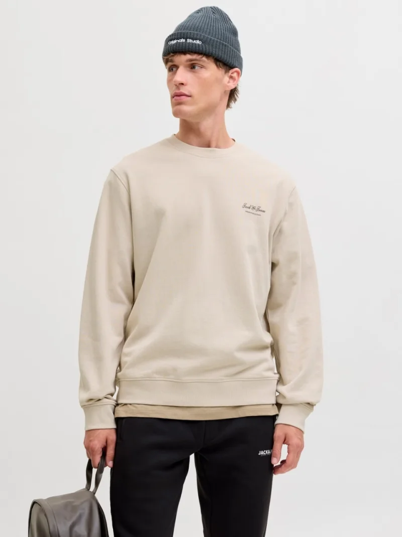 Jack & Jones Bluza barbati, Relaxed fit, cu decolteu la baza gatului, Crem (SELECTATI MARIMEA: M)