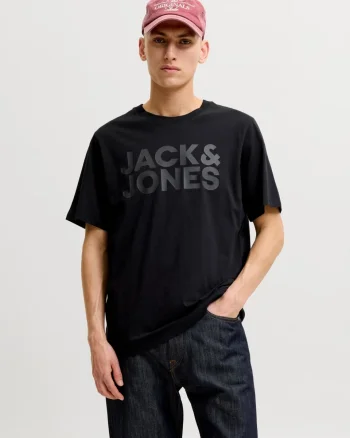Jack & Jones Tricou simplu, barbati, cu logo, din 100% bumbac, Negru (SELECTATI MARIMEA: XS)