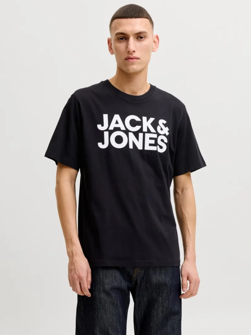 Jack & Jones Tricou simplu, barbati, din 100% bumbac, cu imprimeu cu logo, Negru (SELECTATI MARIMEA: XS)