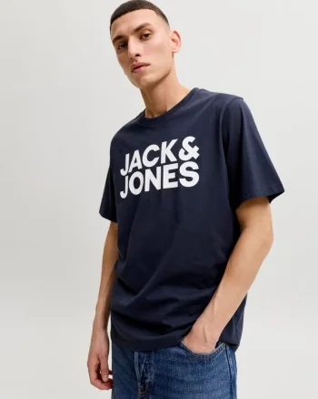 Jack & Jones Tricou simplu, barbati, din 100% bumbac, cu imprimeu cu logo, Bleumarin inchis (SELECTATI MARIMEA: XS)