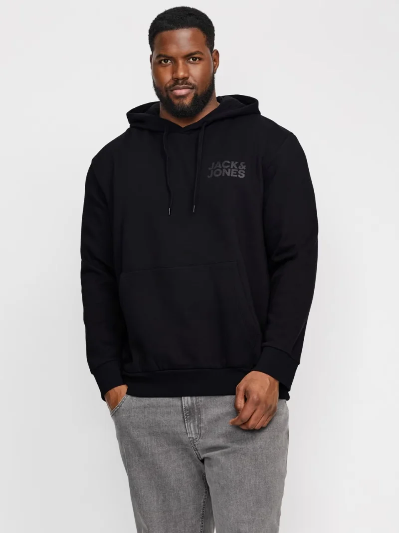 Jack & Jones Plus Hanorac fara fermoar, barbati big sizes, cu logo, Negru (SELECTATI MARIMEA: 3XL)