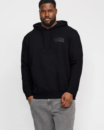 Jack & Jones Plus Hanorac fara fermoar, barbati big sizes, cu logo, Negru (SELECTATI MARIMEA: 3XL)